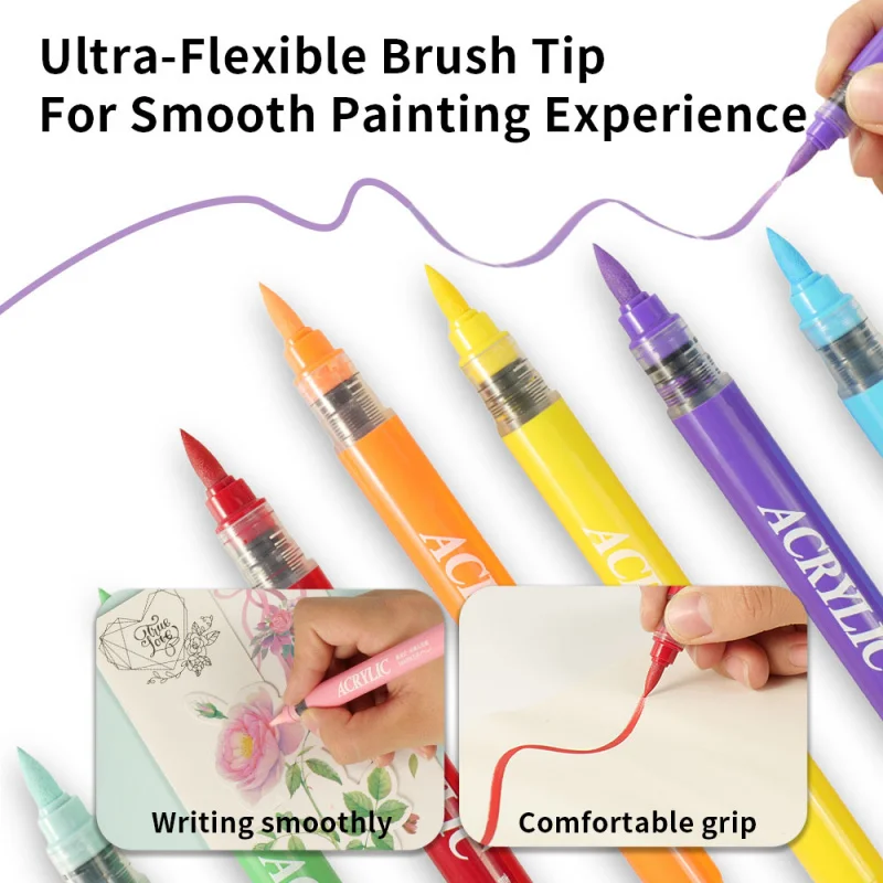 24-60 Colors Direct-liquid Acrylic Marker Soft Brush Paint Pen Pull out appearance Graffiti Manga School Stationery Supplies