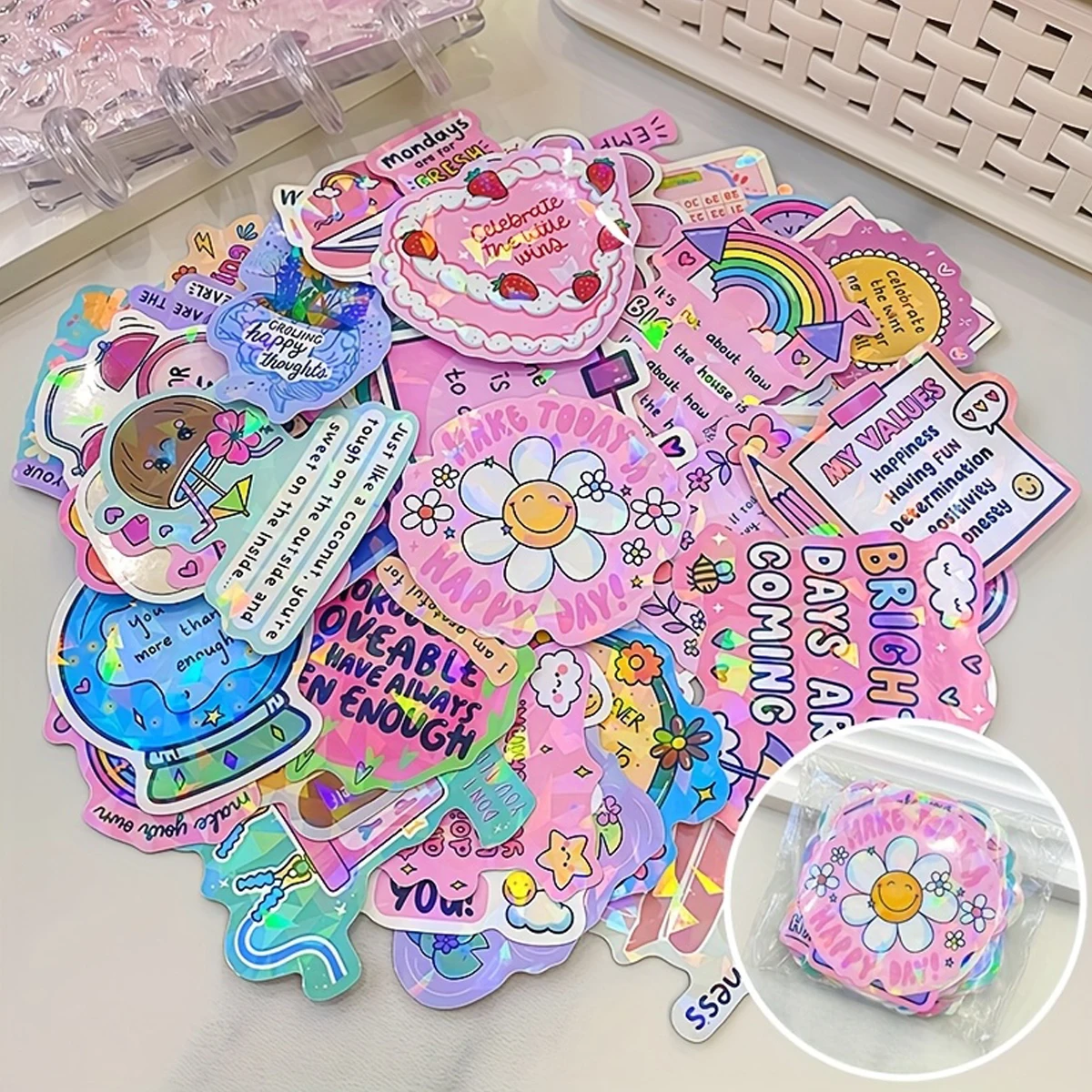 50 hojas de pegatinas gráficas irregulares con láser, cita inspiradora, pegatina pintada estética adecuada para portátiles, cascos, regalo de lector