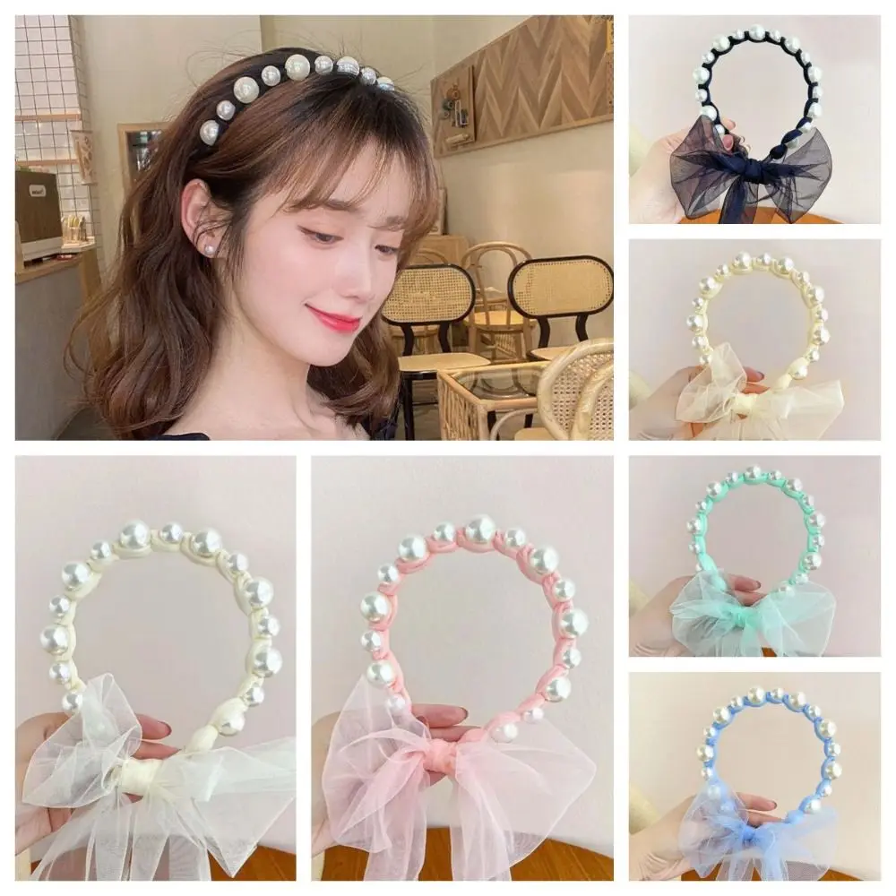 Korean Style Pearl Ribbon Hairband Hair Wear Head Wear Children Wreath Headband 3D Hair Clip Princess Hair Hoop Decoration