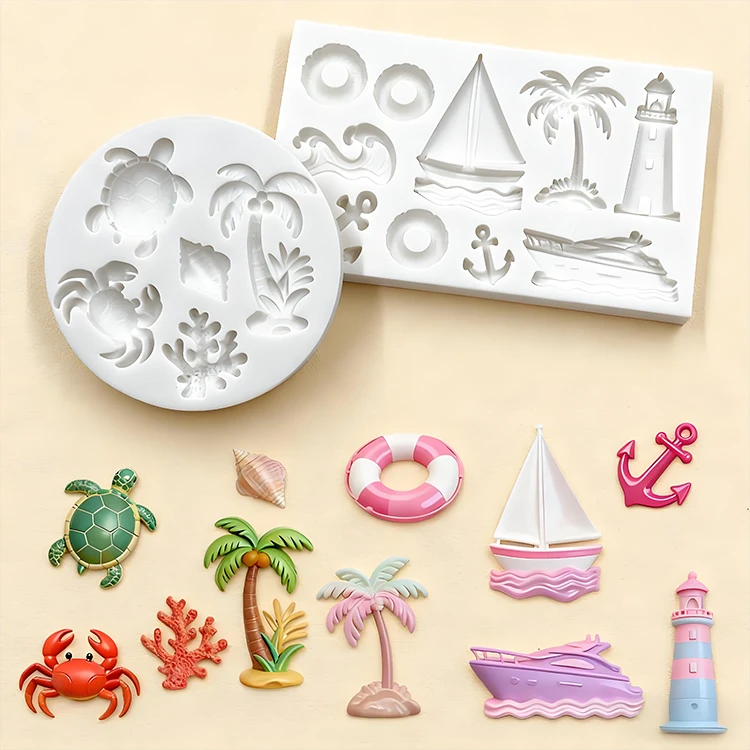 Nautical Series Silicone Molds Sailboat Crab Turtle Coconut Tree Fondant Candy Chocolate Mould Cake Decoration Accessories
