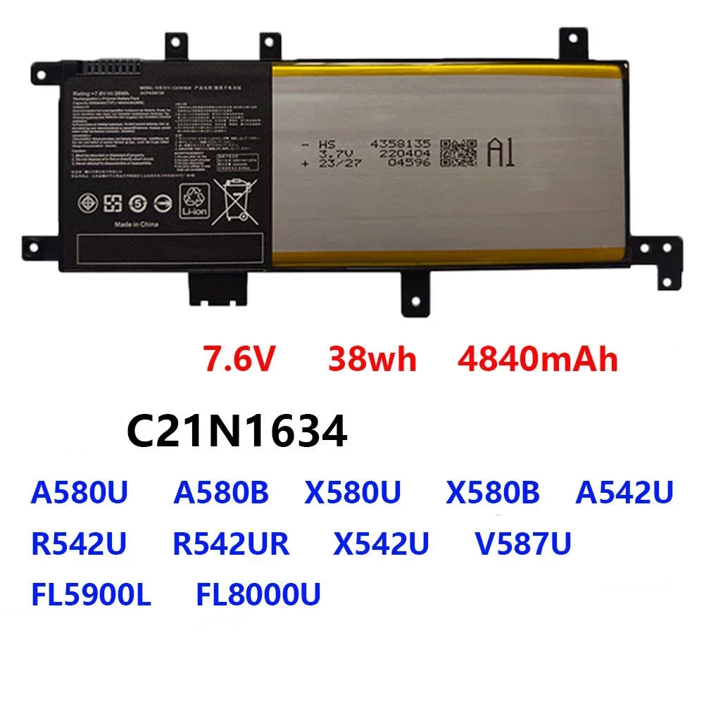 7.6V 4840mAh 100% Original Asus A580U A580B X580B A542U R542U R542UR X542U V587U FL5900L FL8000U F542UF C21N1634 Battery