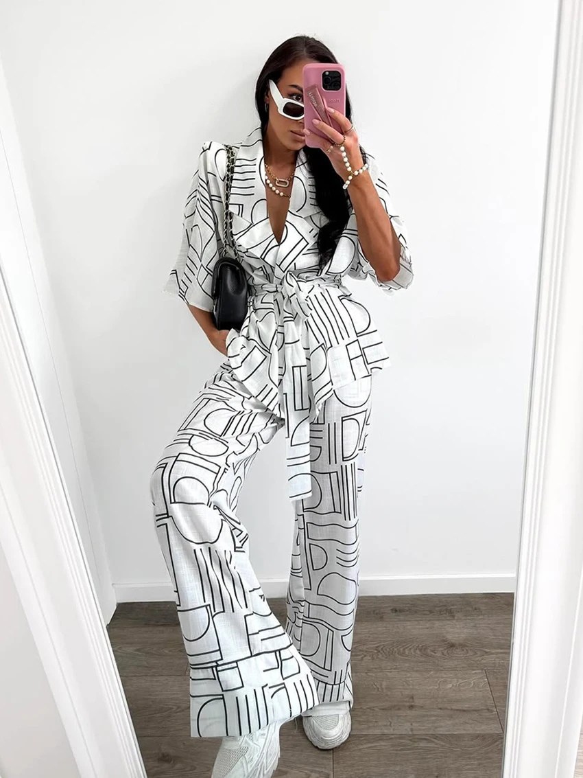 

Marthaqiqi Printing Ladies Sleepwear Suit Long Sleeve Robe Turn-Down Collar Pajamas Lace Up Nightie Pants Casual Nightgowns Sets