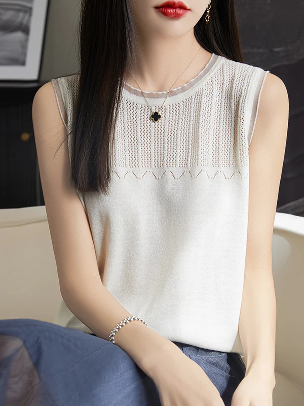 

Silk Wool Blend Knitted Hollow out round Ne Svel Vest Women's Thin Inner Wear Commute Top Straight Cut Single Piece