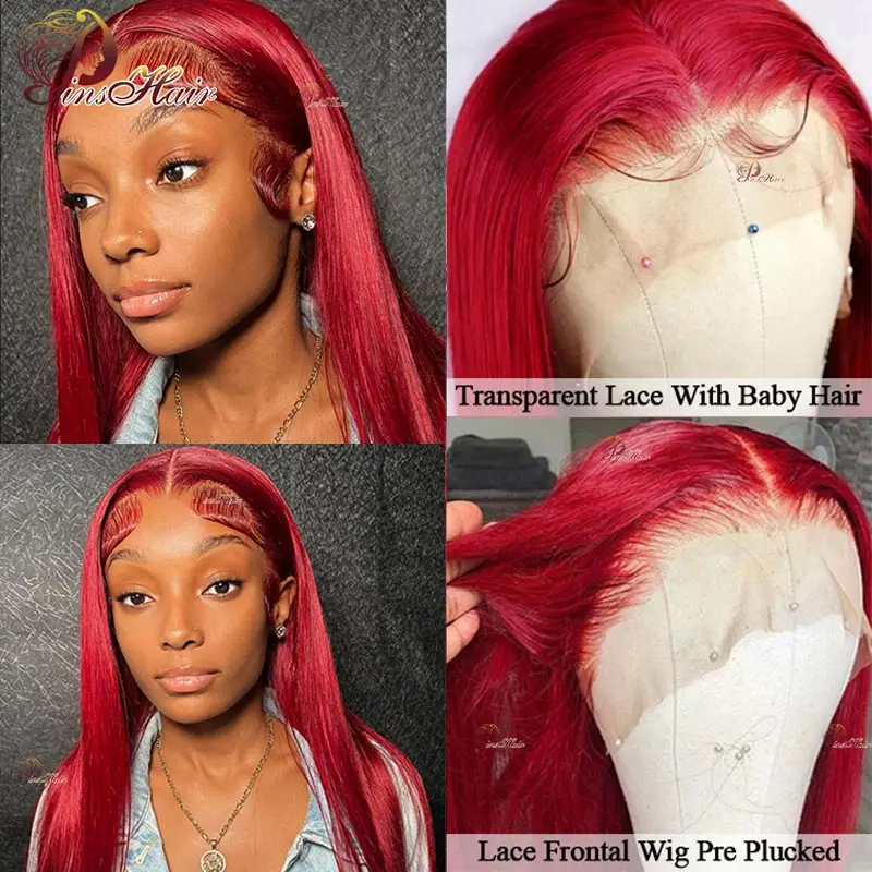 Perruque Lace Front Wig Remy naturelle, cheveux lisses, rouge bordeaux 99J, 13x4, pre-plucked, Transparent, rouge vif, 180