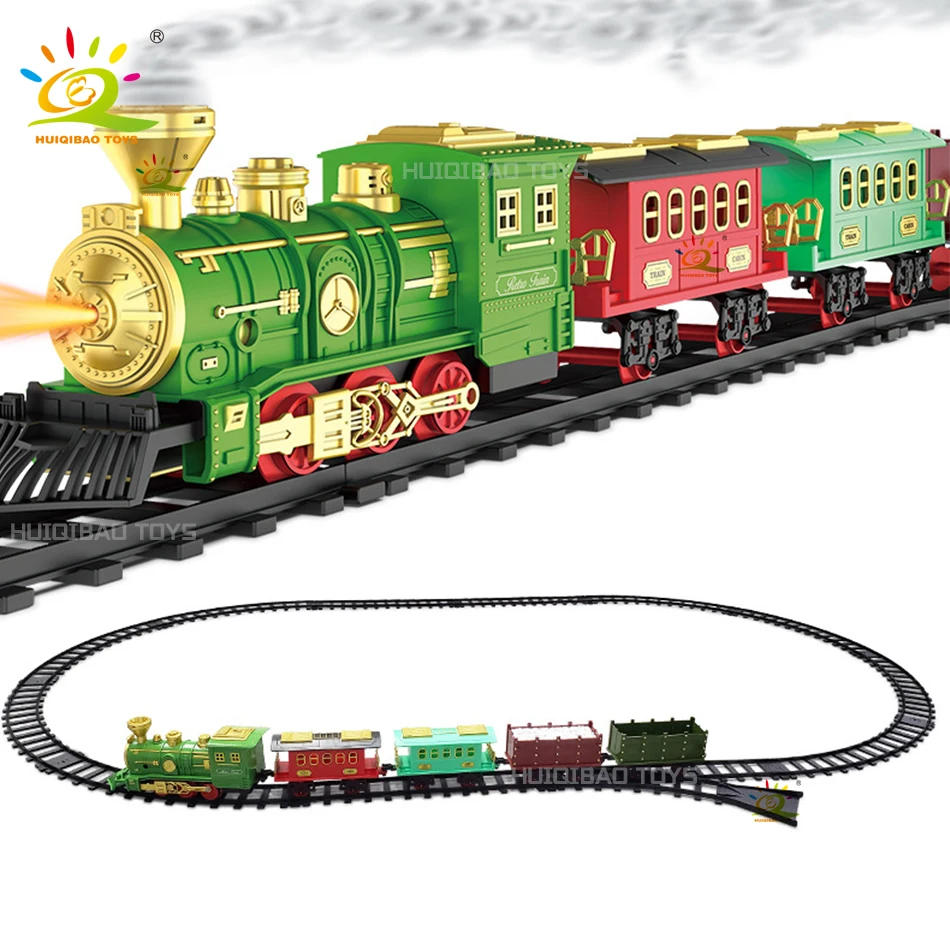 

HUIQIBAO Children Retro Classic Green-skinned Train With Light Music Spray Steam Electric Track Train Christmas Present Toys