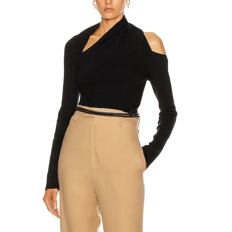 

Personalized off-the-shoulder design sense Irregular knitted sweater Solid color Slim-fit short style Fashion simple and versati