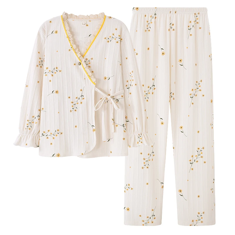 

Newest Spring and Autumn Women Pajamas Set Knited Cotton Leisure Female Kimono M-5XL Nightwear