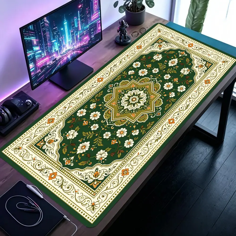 Dark Green Medallion Persian Rug Pattern Desk Mat Gaming Mouse Pad Non Slip Base For Classic Home Office