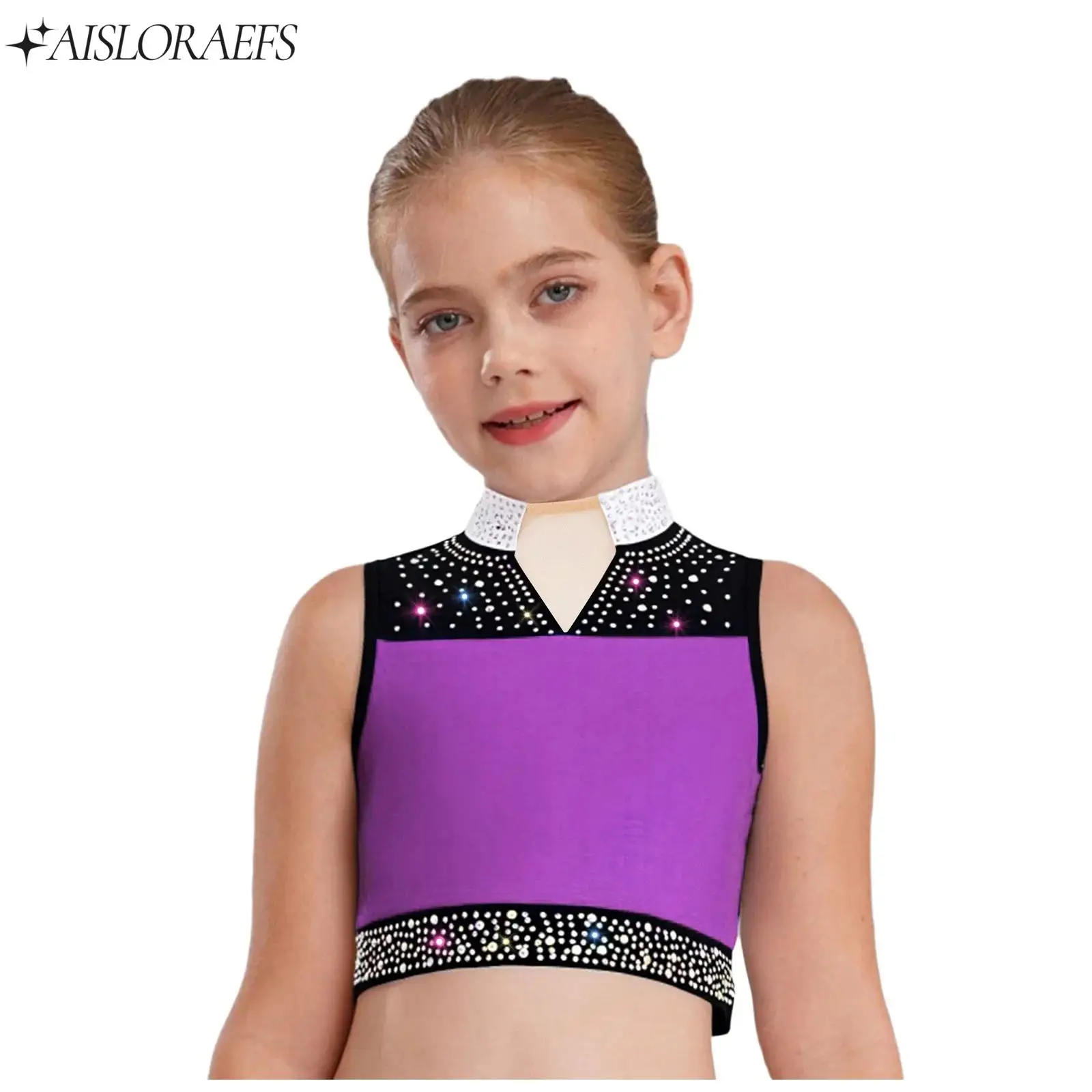 

Kids Girl Jazz Latin Dance Costume Gymnastics Figure Skating Performance Dancewear Glittery Rhinestones Crop Top Sleeveless Vest