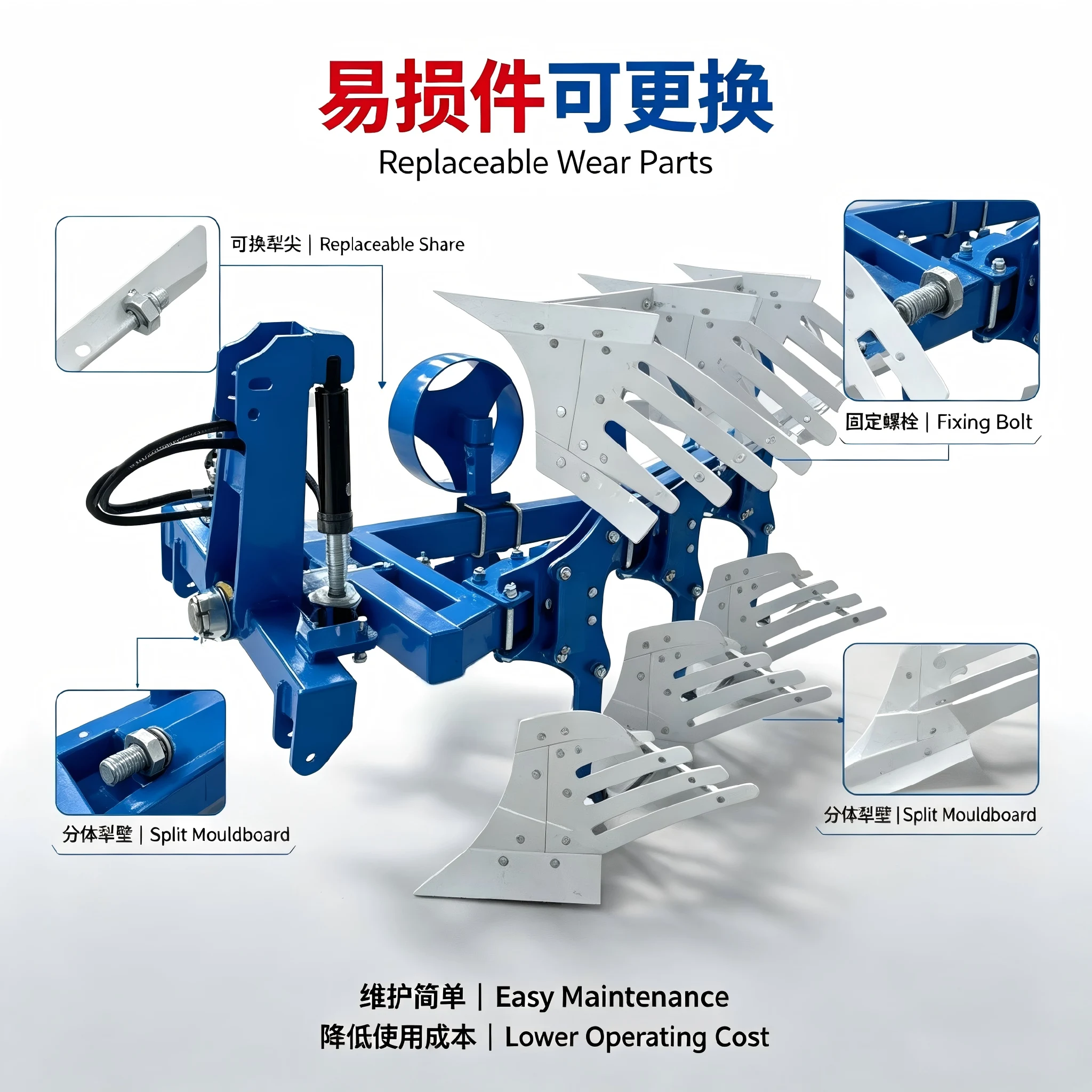 Hydraulic Reversible Grid Plough For Tractor 60-180 HP 3 Furrow Plough 800-2100mm Working Width High Manganese Steel For Dry