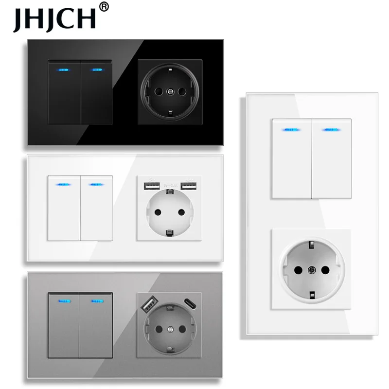 

JHJCH eu wall socket with rocker switch, 220v 16a socket with usb157*86 crystal glass panel with light switch 2 gang 1/2/ way