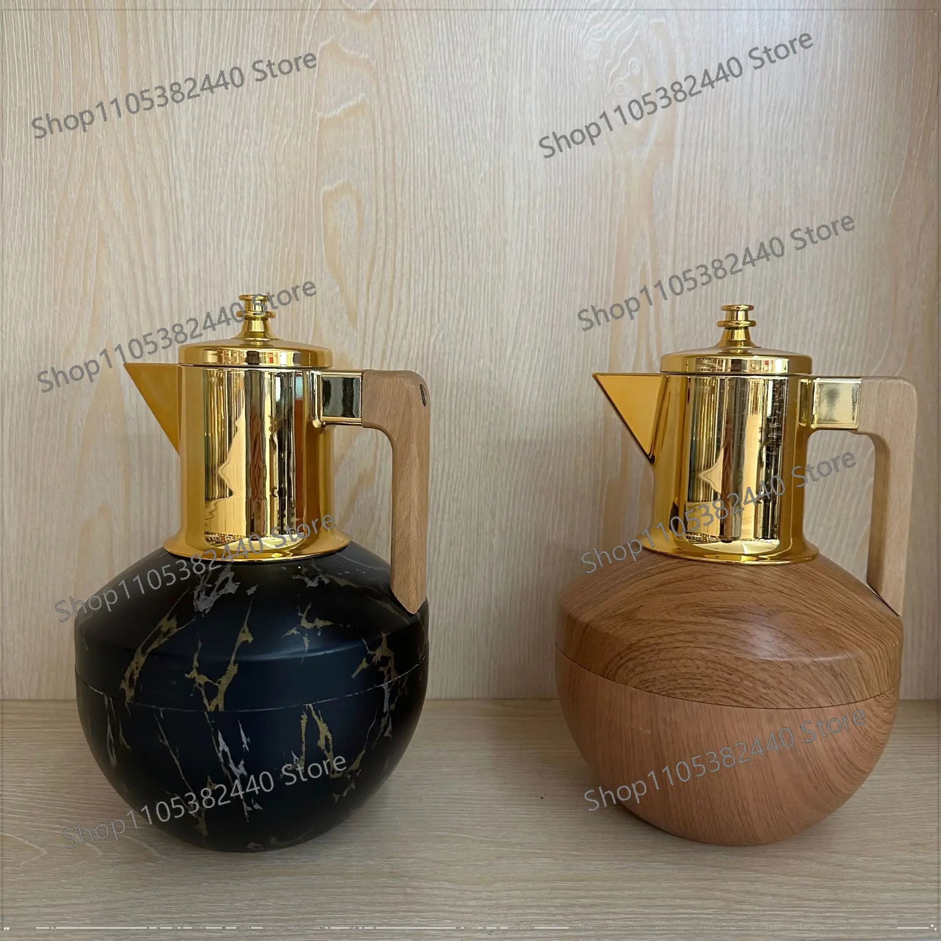 Gold-Plated Glass Liner Thermal Flask with Wood Handle, Large Capacity Vacuum Insulated Tea Pot for Home and Office