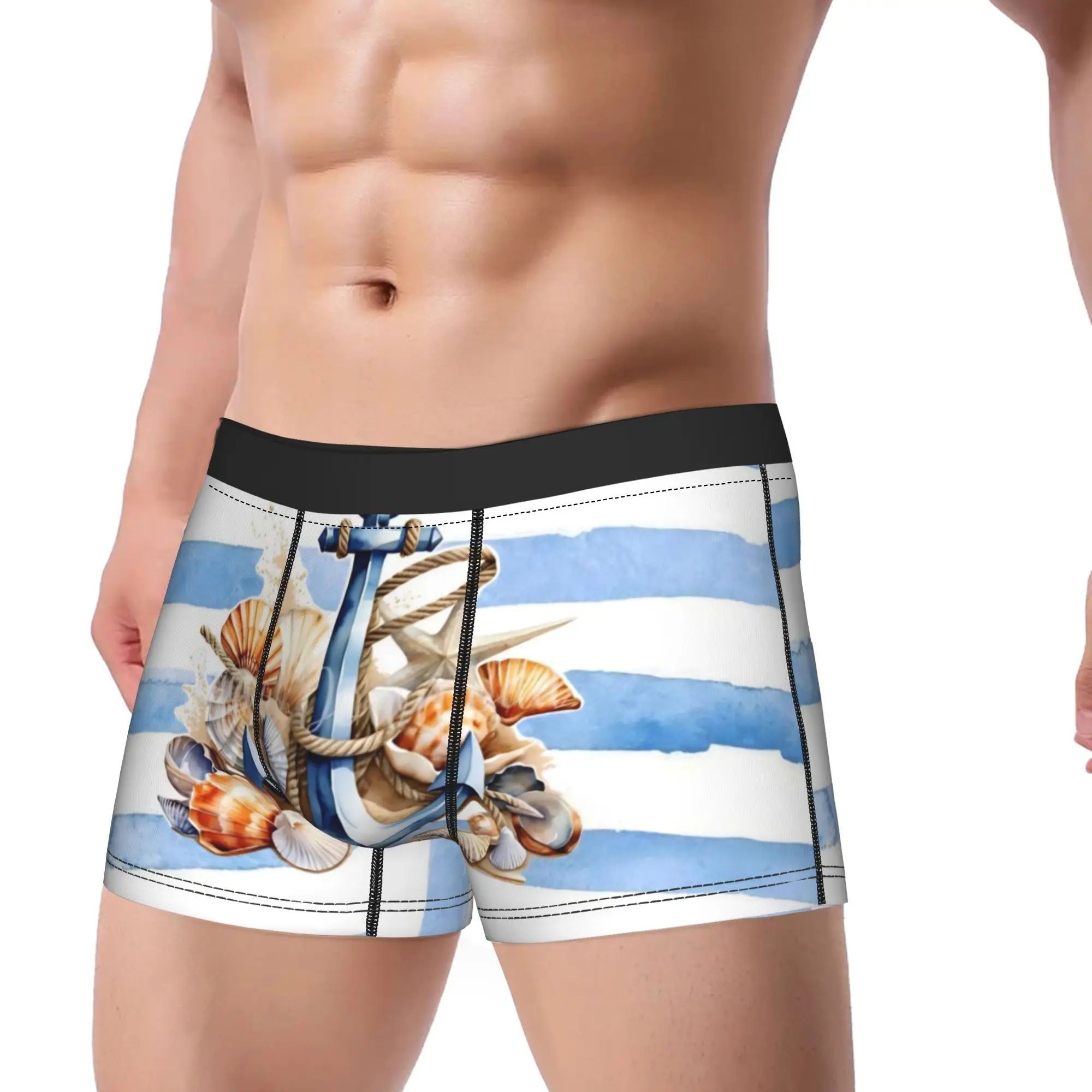 Nautical Anchor Boat Boxershorts  Pouch Underwear High Quality Print Boxer Brief Novelty Male Underpants Big Size