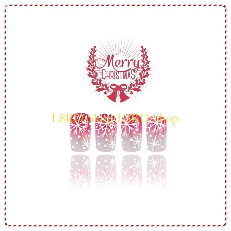 L8RD 24PCS Party Ready Artificial Red White Snowflake Design Quick Press On for Holidays Weddings Daily Use