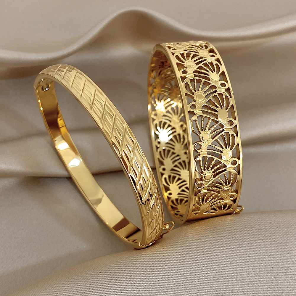 Vintage Hohlmuster Edelstahl-Armband für Damen, Diagonale Gravur, Goldfarben, Wasserdicht, Federarmreif, Zarter Damenschmuck – Detail 2