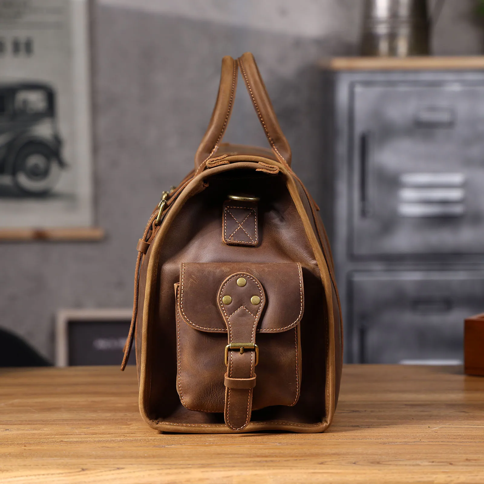 Vintage Echtleder-Reisetasche für Herren, Große Kapazität, Leder-Sporttasche, Klassischer Stil, Wochenendtasche, Übernachtungstasche – Detail 22