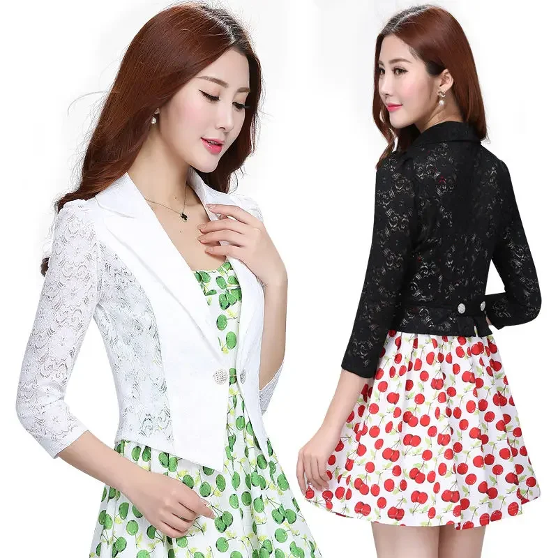 Women Fashion White Short Slim Blazer Hollow Lace Jacket Three Quarter Sleeve Casual  Office Ladies Work Wear