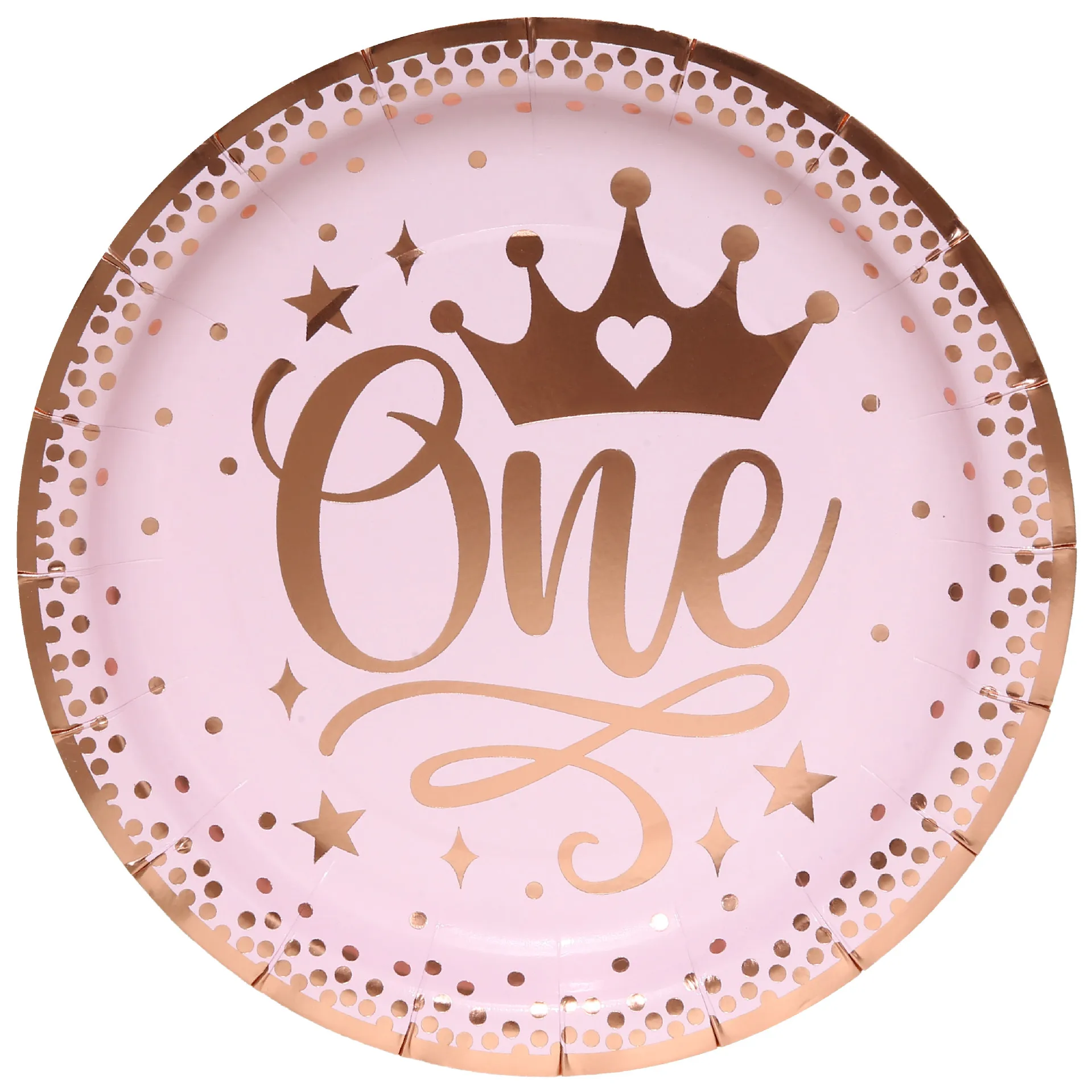 8Guests Pink One Birthday Disposable Tableware Crown One Plates Paper Cups 1st Baby Princess Girl First Happy Birthday Party