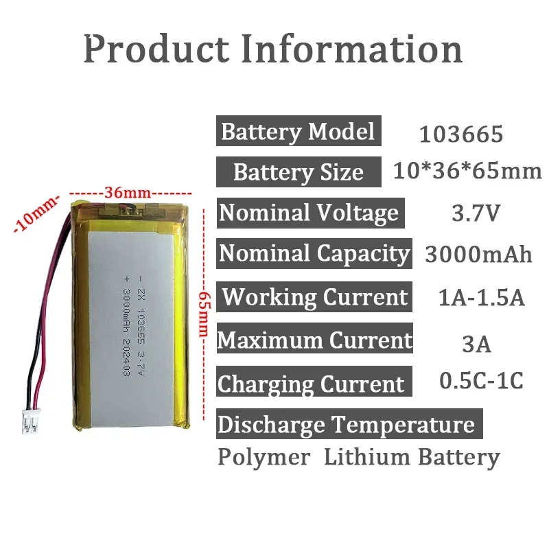 3.7V 3000mAh 103665 Lithium polymer Rechargeable Battery For Tablet  mobile power chargingGPS PSP PAD E-book POS Machine Power