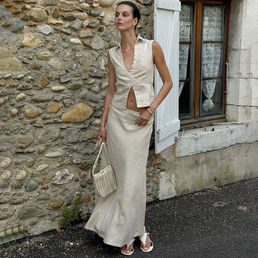 

Linad Elegant Khaki Long Straight Skirts Suits Street Chic Button Up Tops With High Waist Skirts 2 Piece Summer Sleeveless Sets
