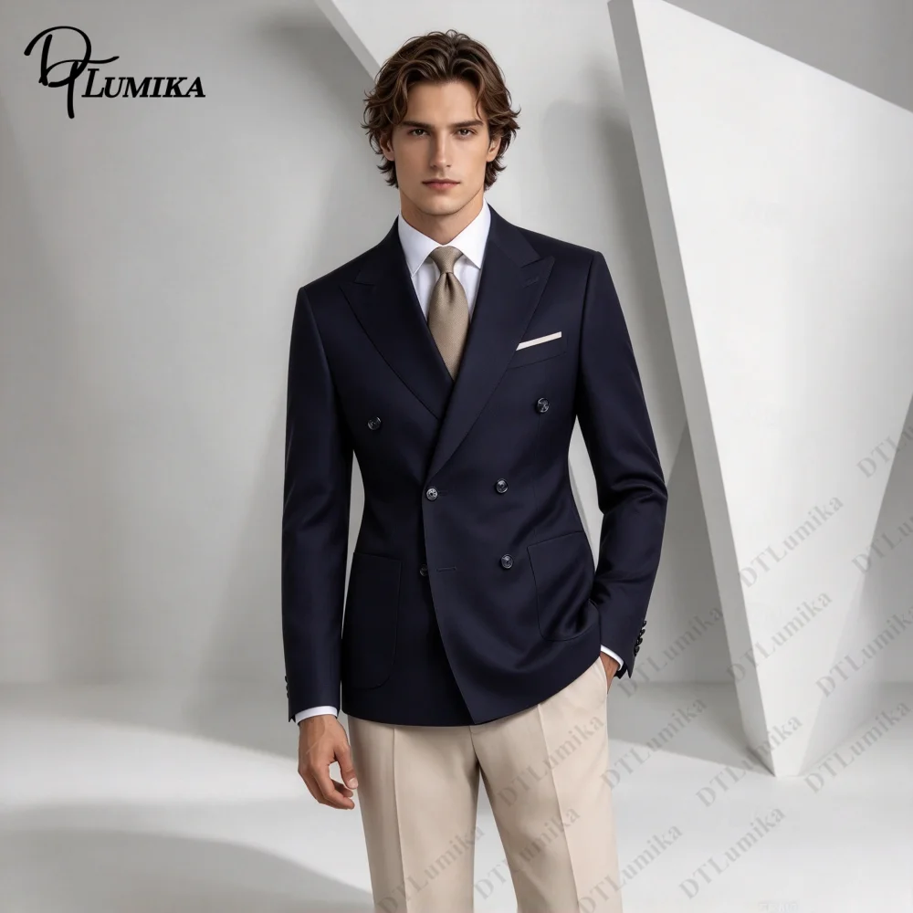 Bespoke Navy Mix Color Men Suit Double Breasted Blazer & Beige Trousers Custom Business Wedding Attire, Gentleman Formal Outfit