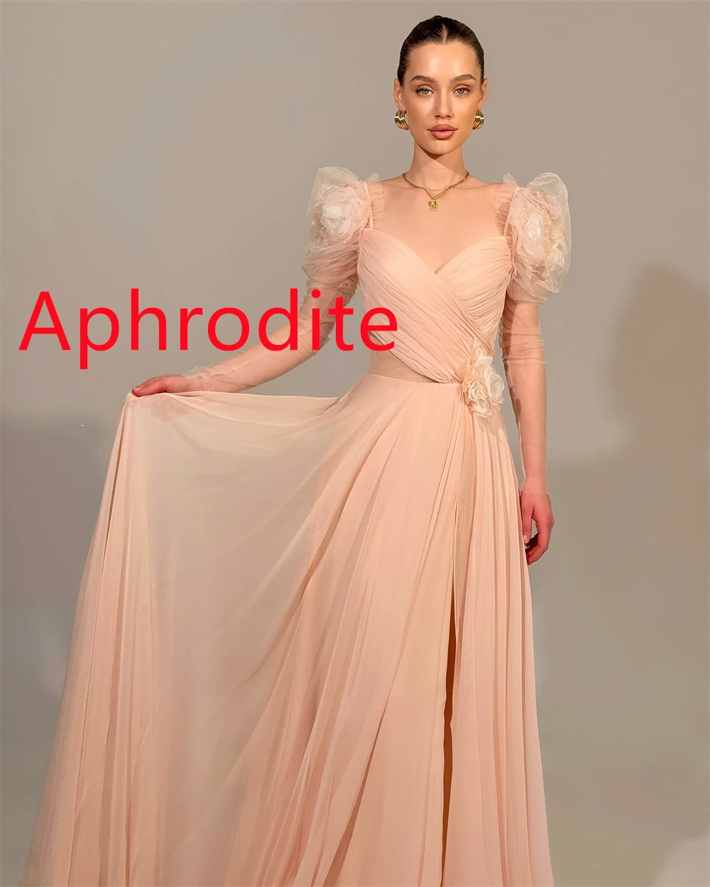 Customized Simple Champagne Chiffon Evening Dress Exquisite Square Collar Puff Sleeves Long Sleeves Special Occasion Gowns