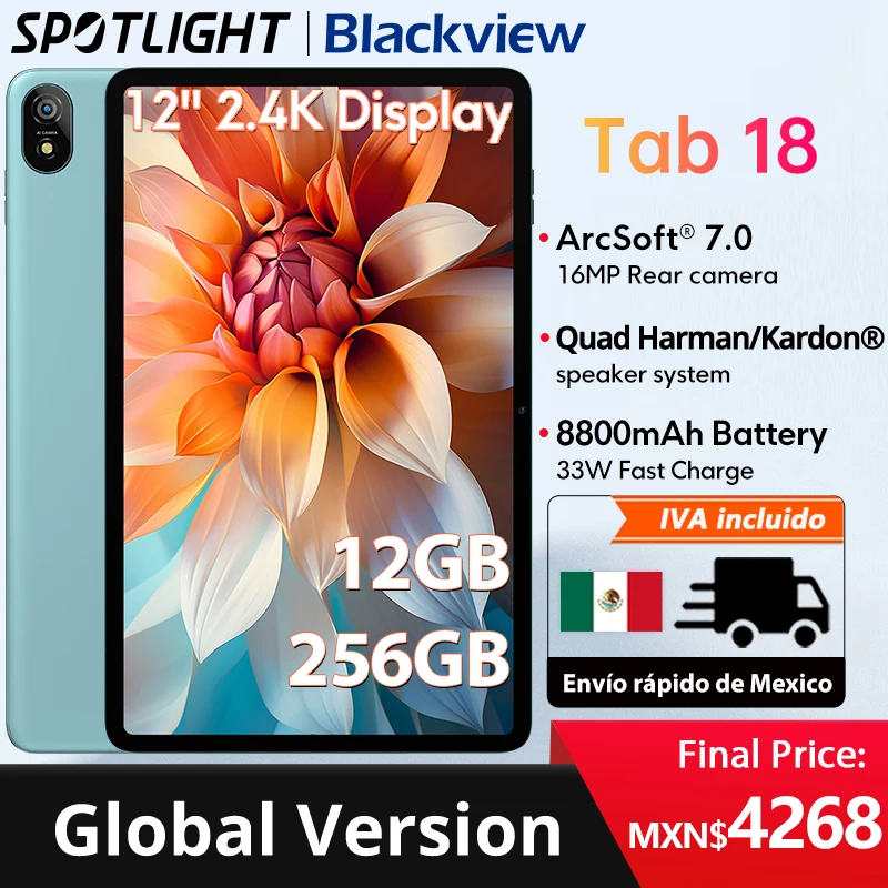 【World Premiere】8GB/12GB 256GB 12‘’ Blackview Tab 18 Tablet 16MP 2.4K FHD+ Display 8800mAh Battery Widevine L1 MTK Helio G99 33W