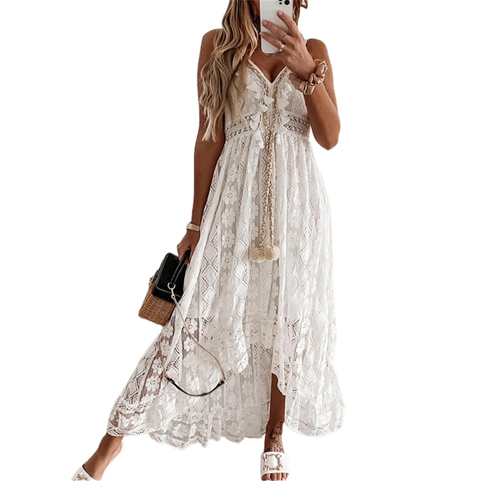 New Early Fall European and American Export Amazon Aliexpress Lace Suspender Large Swing Pure Color Long Skirt Dress 2024