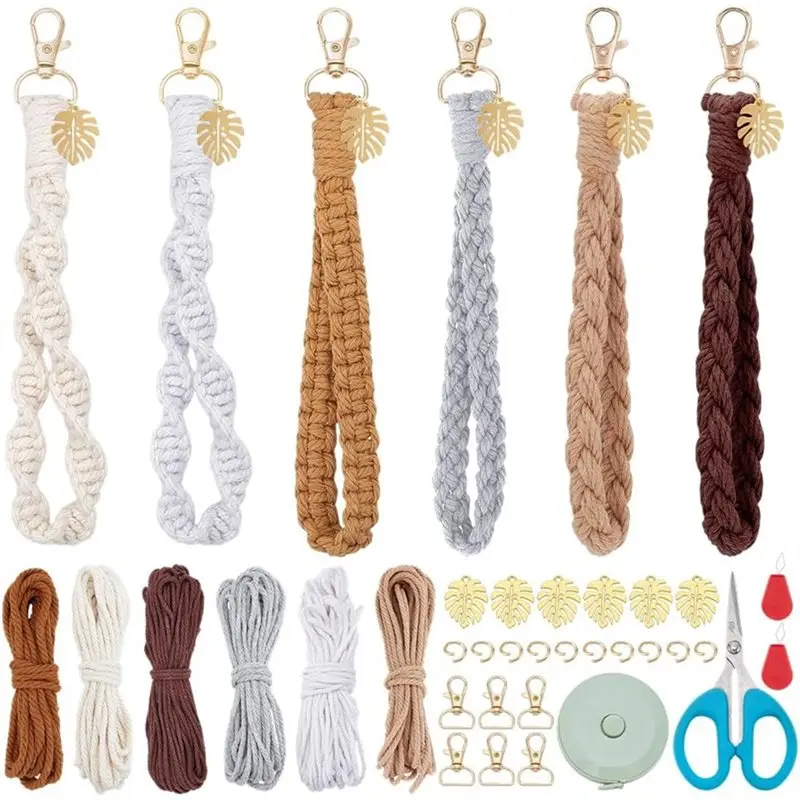 

【CHRISTMAS 】Vintage Boho Macrame Keychain Making Kit- 6 Set DIY Palm Leaf Design In Dark Color For Beginner