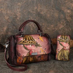 Vintage Women Bags Gift Origional Hand-Painted Cowhide Leather Shoulder Handbag + Wallet Female