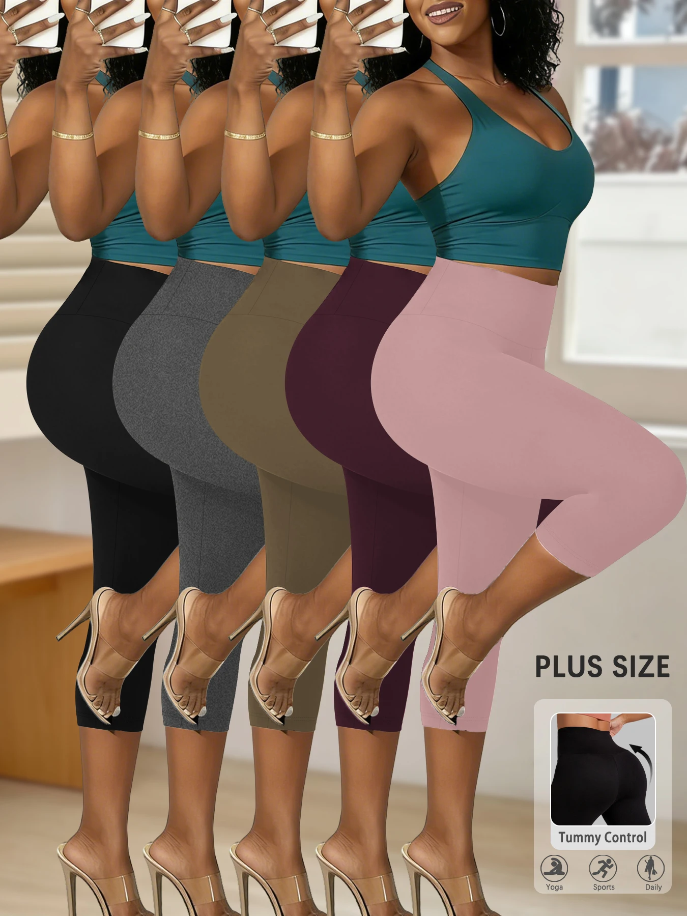 

5 pack Plus Size Leggings for Women Super soft High Waisted Tummy Control Yoga Capri Pants Workout Running Leggings
