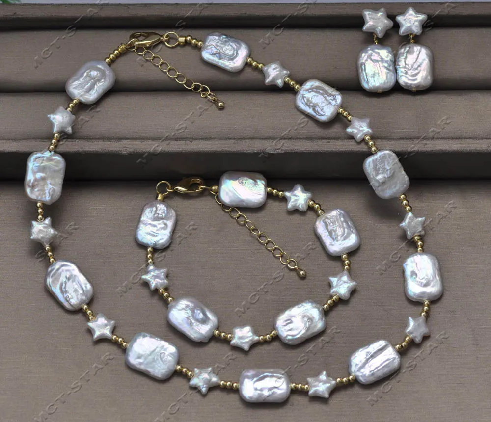 Z13336 Set A+ Natural 18mm White Star Square Coin Pearl Necklace Bracelet Earring Custom Jewelry