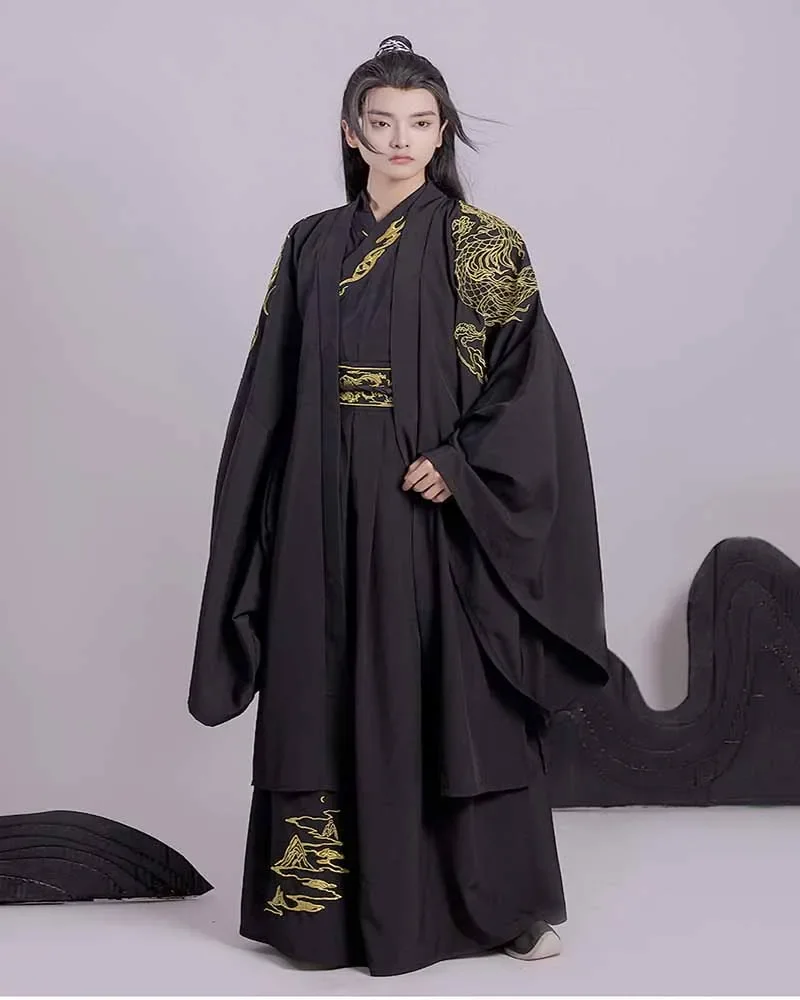 Hanfu Men Chinese Traditional Cosplay Costume Ancient Hanfu Sets Male Halloween Cos Costume Hanfu Black 3pcs Sets Plus Size 2XL