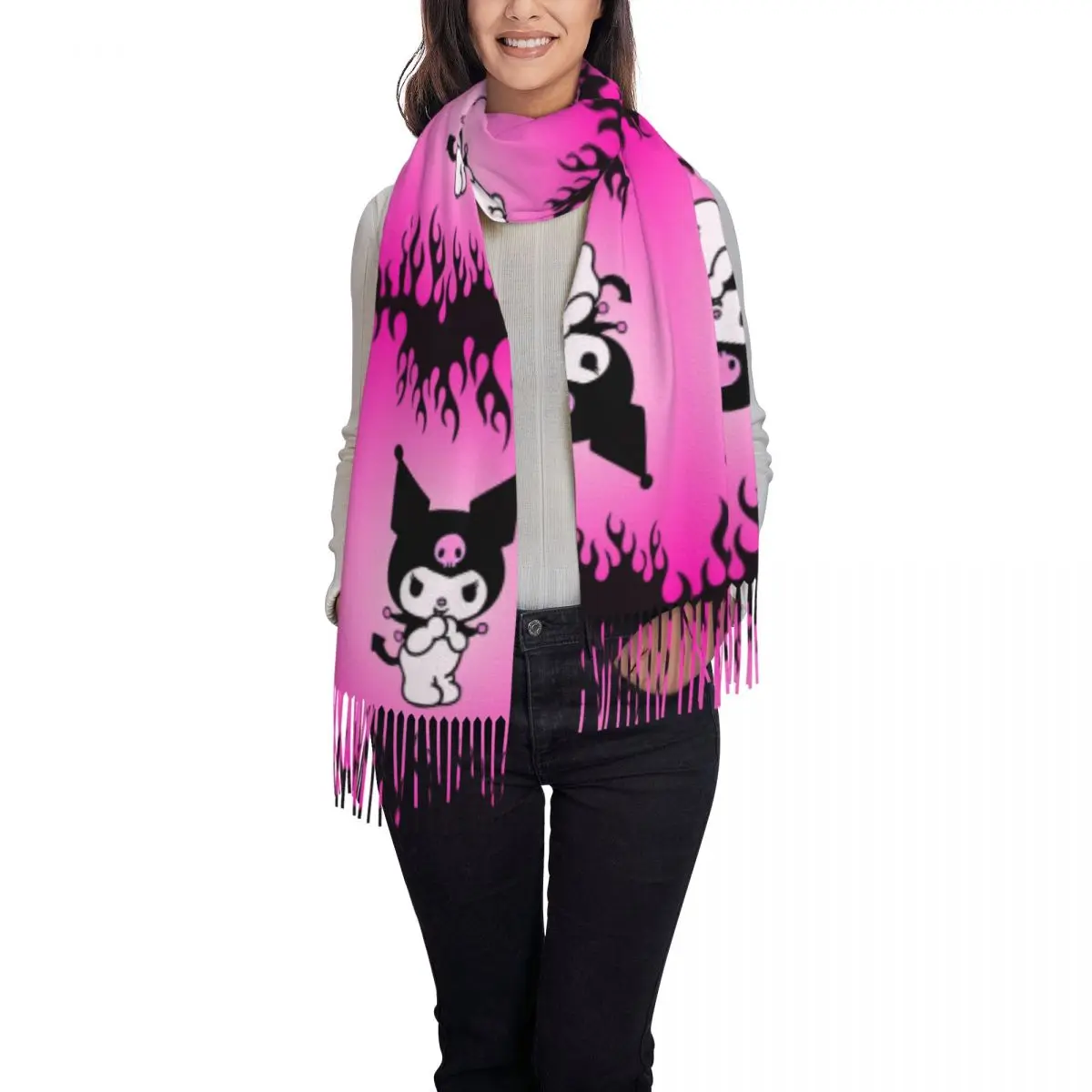 Custom Printed Kuromi New Anime Cartoon Fire Scarf Men Women Winter Fall Warm Scarves Shawl Wrap