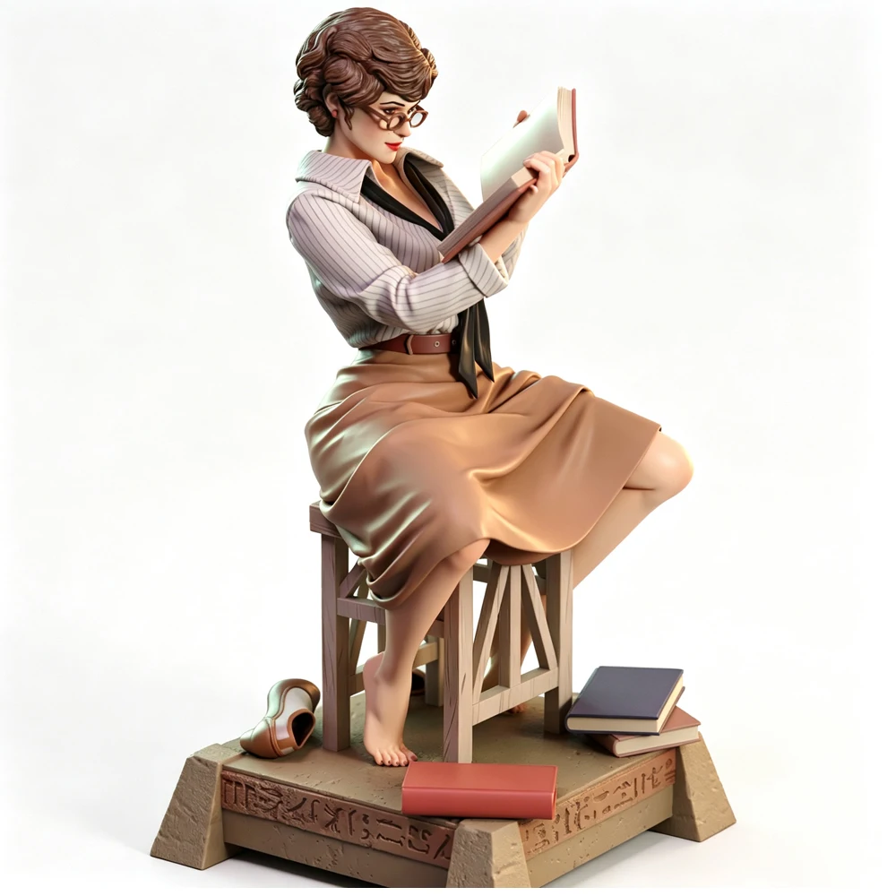 Glasses Lady Reading Book Stool Book Decor Grey Model 1/24 Resin Figure Kit Unassembled Unpainted GK 3D Print DIY Statue Toy