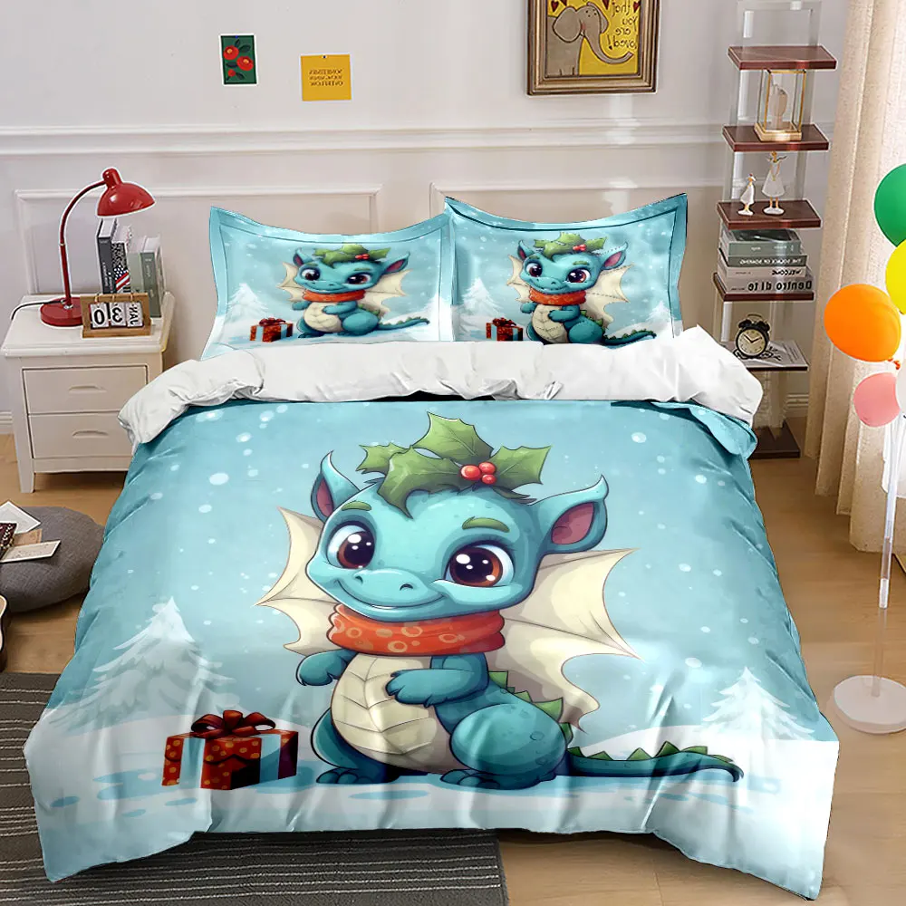 A cute little dragon wearing a scarf stands in the snow. Print Duvet Cover Bedding Set Included 1*Duvet Cover 2*Pillowcases