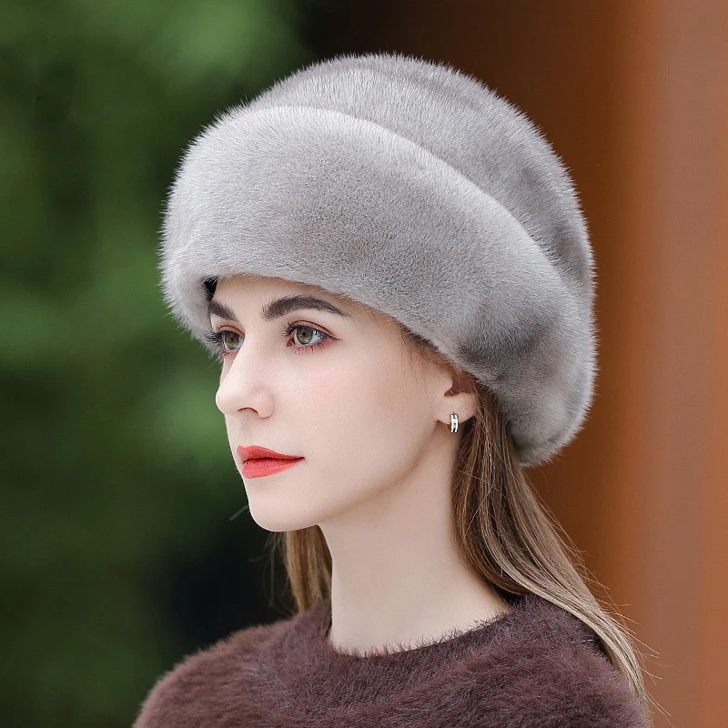 Real Fur Hat Ladies Winter Mink Hair Thermal Hat Casual Beret Outdoor Thickened Ear Protection Elegant Mink Hat