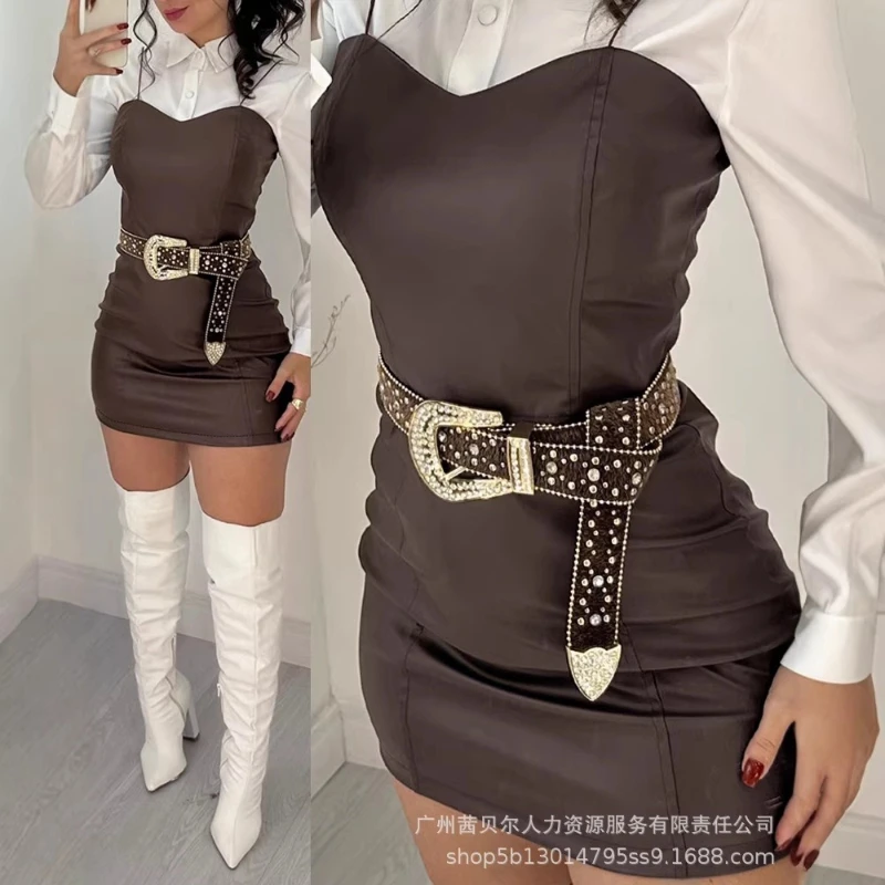 

Women 2 Piece Sets Dress Set Full Sleeve Shirt Tops Mid Length Dresses Sexy Pu Vestidos High Waist Y2k Streetwear Elegant Work