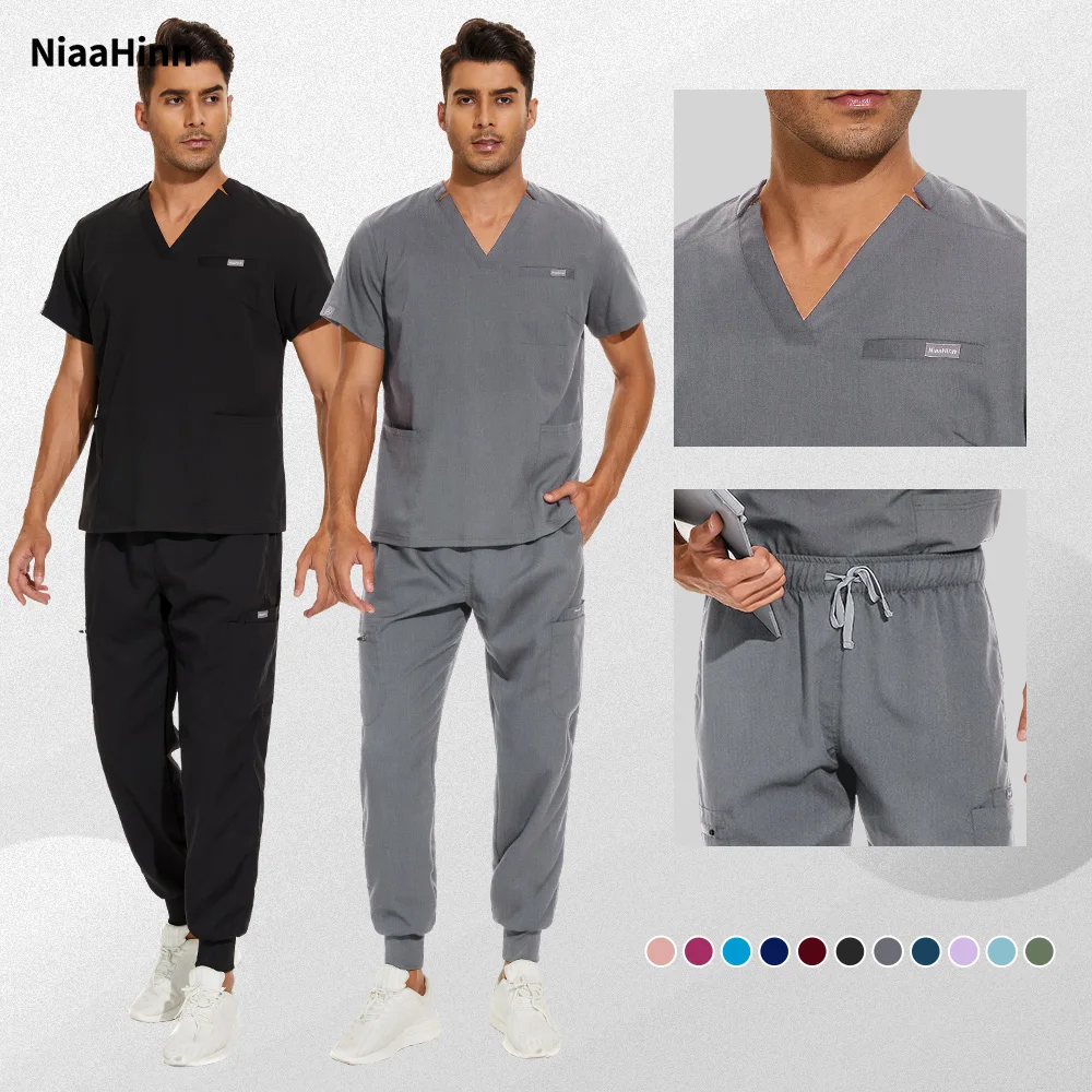Niaahinn المألوف الملابس الجراحية الرجال الدعك الطبية مجموعة مستشفى طبيب الدعك الزي الرسمي عيادة الخامس الرقبة النساء عداء ببطء مجموعة بناطيل رجالي