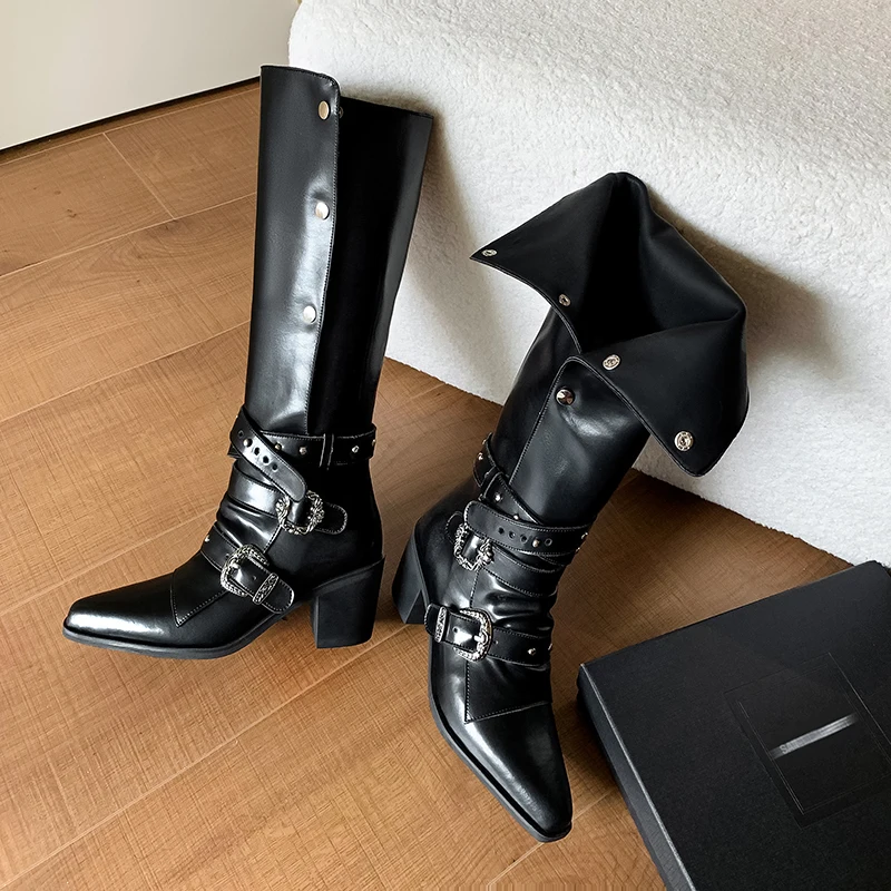 QUTAA 2025 News Western Women Knee High Boots Cowboy Genuine Leather Heels Fashion Woman Winter Cowgirl Long Shoes Size 34-39