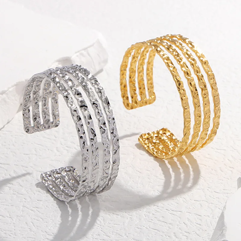 DIEYURO 316L Stainless Steel Irregular Folds Adjustable Bangle For Women Girl New Trend Cuff Bracelet Non-fading Jewelry Gift