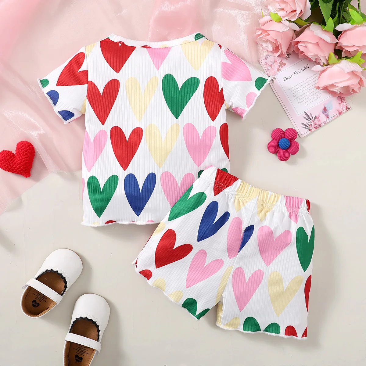 Summer Cool Girls Short Sleeves Heart Pirnt Two-Piece Suit For 0-3 Years Old Kids