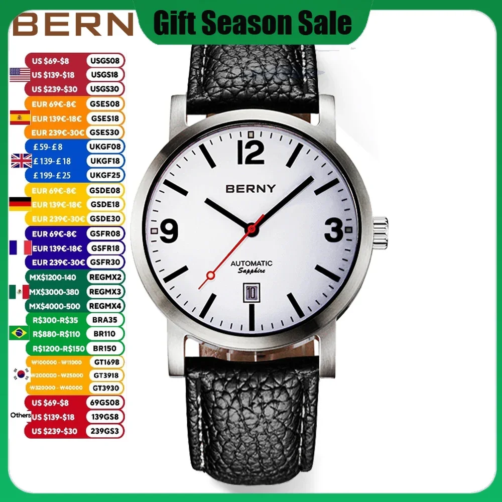 Reloj de pulsera mecánico BERNY para hombre, reloj resistente al agua hasta 5ATM para hombre, reloj de ferrocarril suizo de cuero, reloj automático