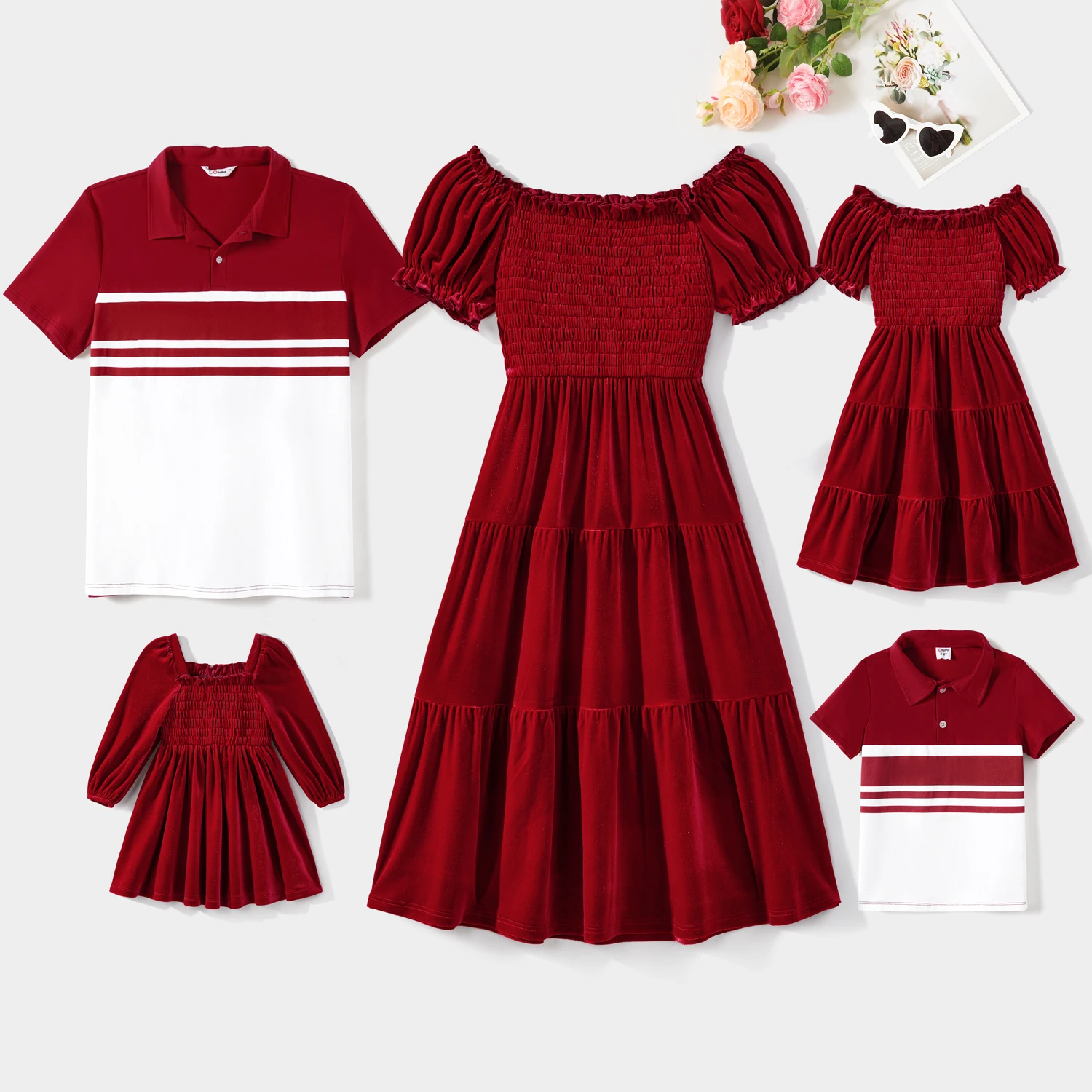 PatPat Family Matching Solid Shirred Tiered Velet Dresses and Short-sleeve Colorblock Shirts Sets