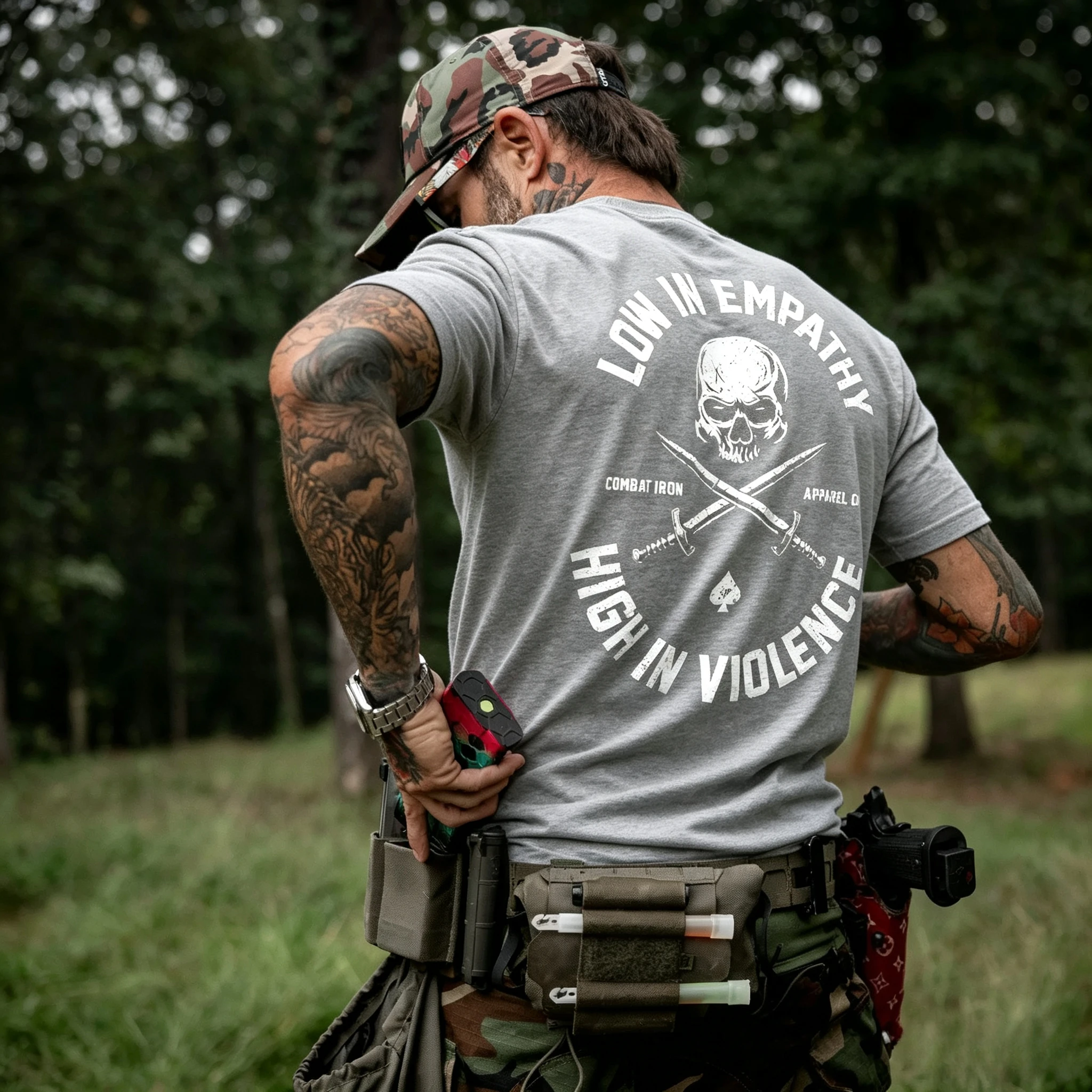 Men's Back Print Tactical Skull T-Shirt Vintage Military Style Crew Neck Short Sleeve Casual Outdoor Cotton Graphic Tee