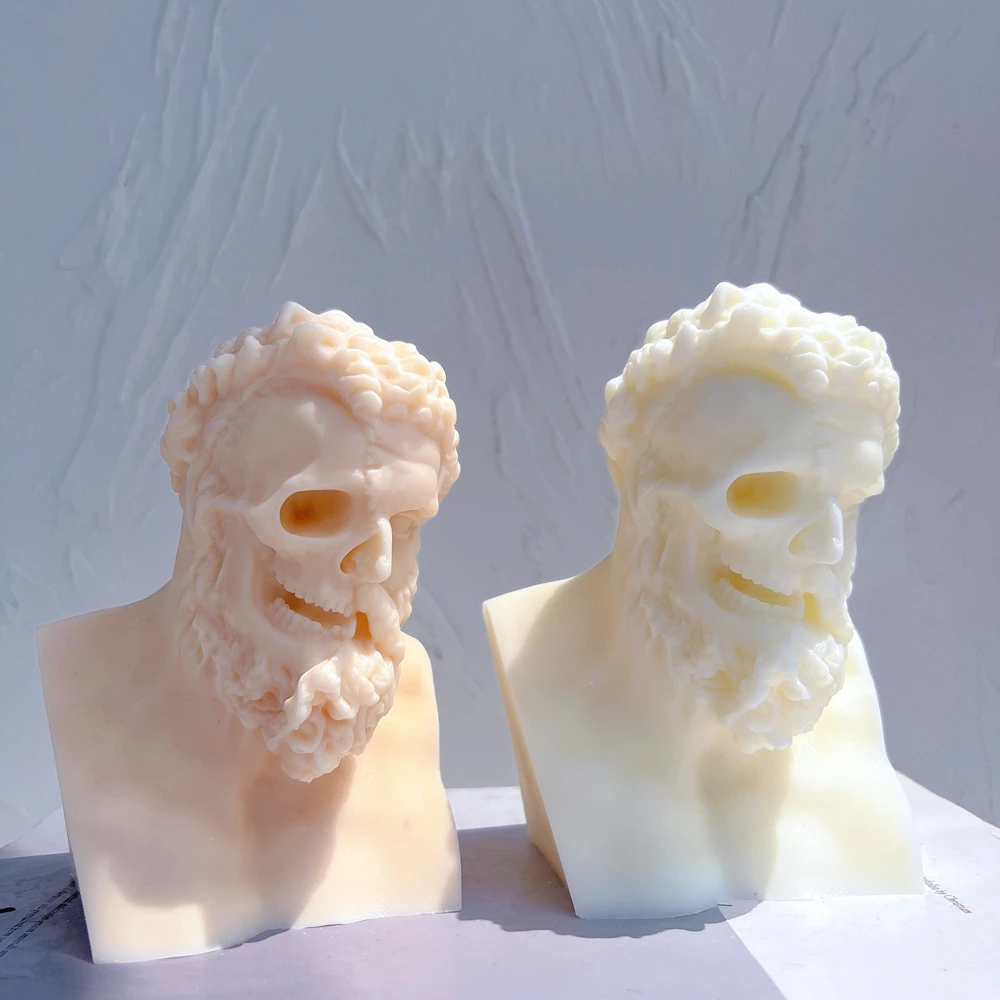 Man Bust Statue Silicone Mold Unique Half Skull Sculpture Soy Wax Candle Mould Greek Mythology Home Decor