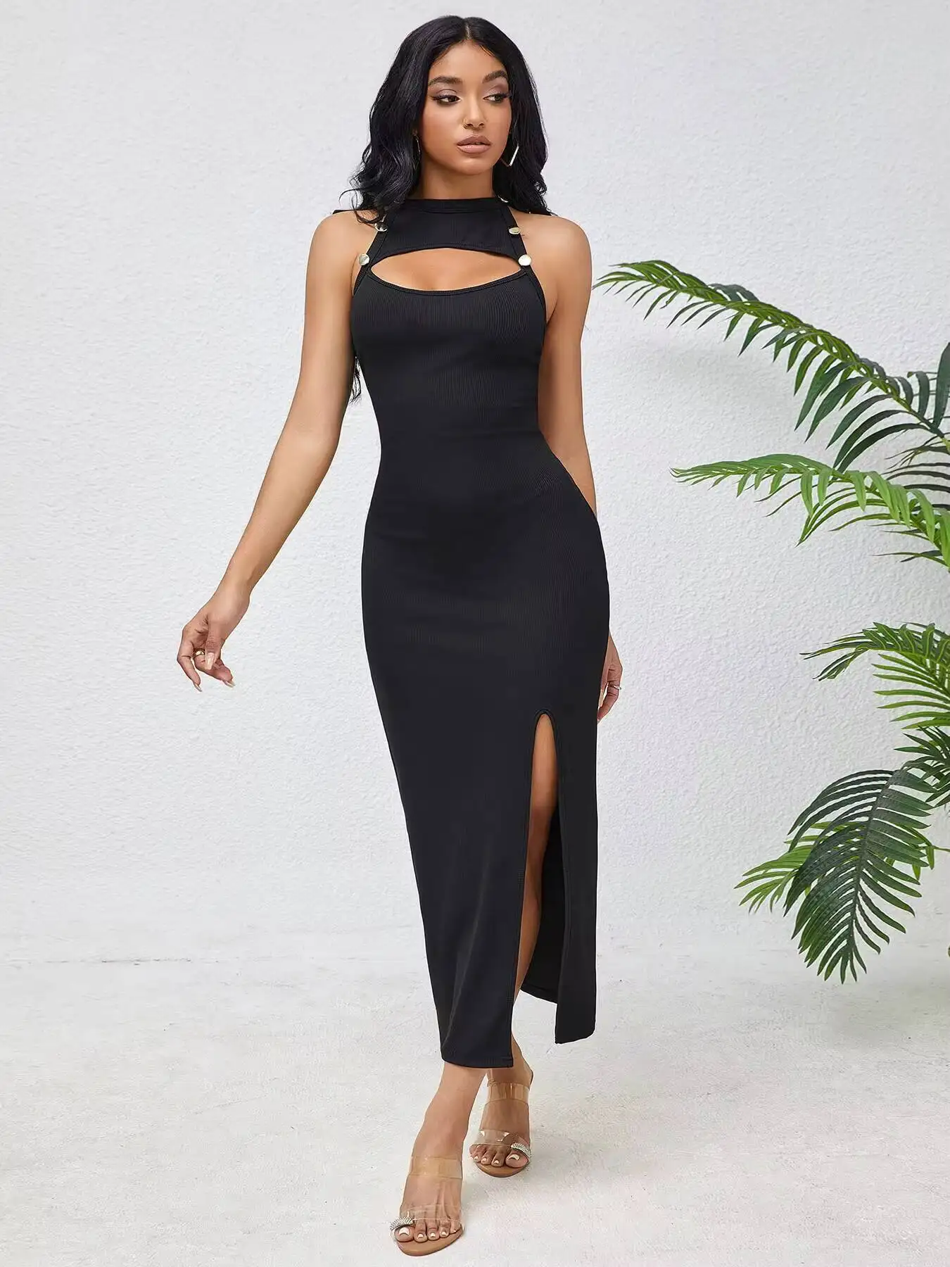 

Макси-платье женское весенне-летнее черное с вырезом халтер, облегающее, в рубчик, с высоким разрезом, сексуальное, шикарное, для вечеринок и свиданий