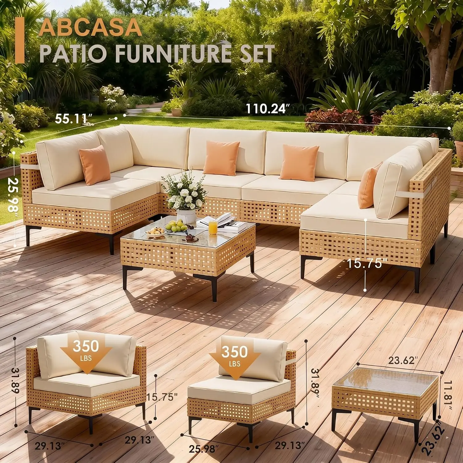 7-Piece Patio Furniture Set With Non-Slip Cushions & Coffee Table For Outdoor Garden, Customized