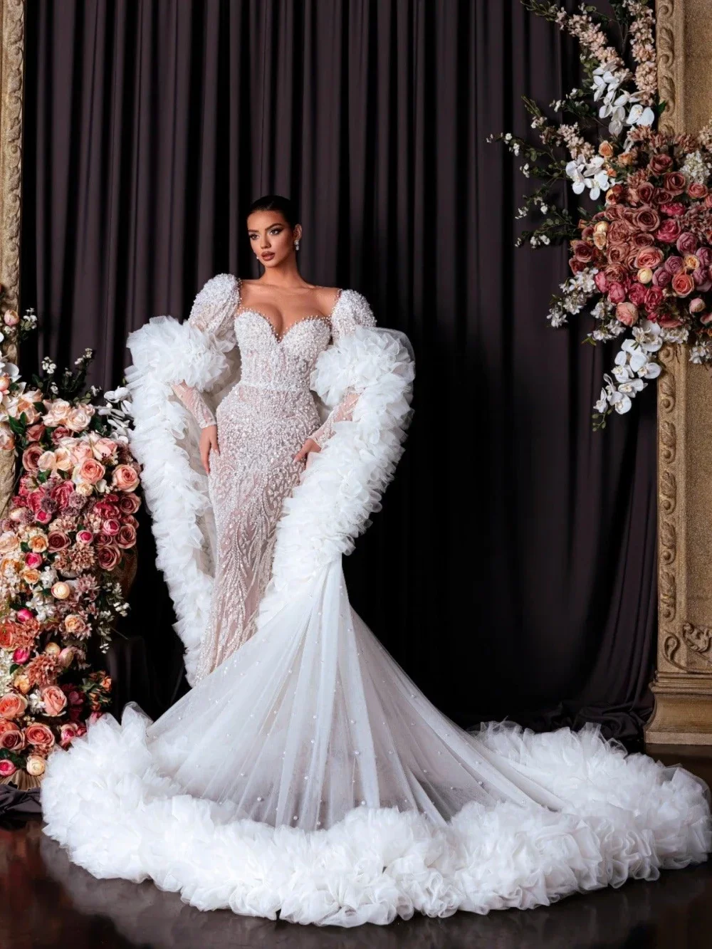 Mode perles robes De mariée paillettes sirène robes De mariée avec Train voir à travers robe De mariée personnalisée robes De Novia