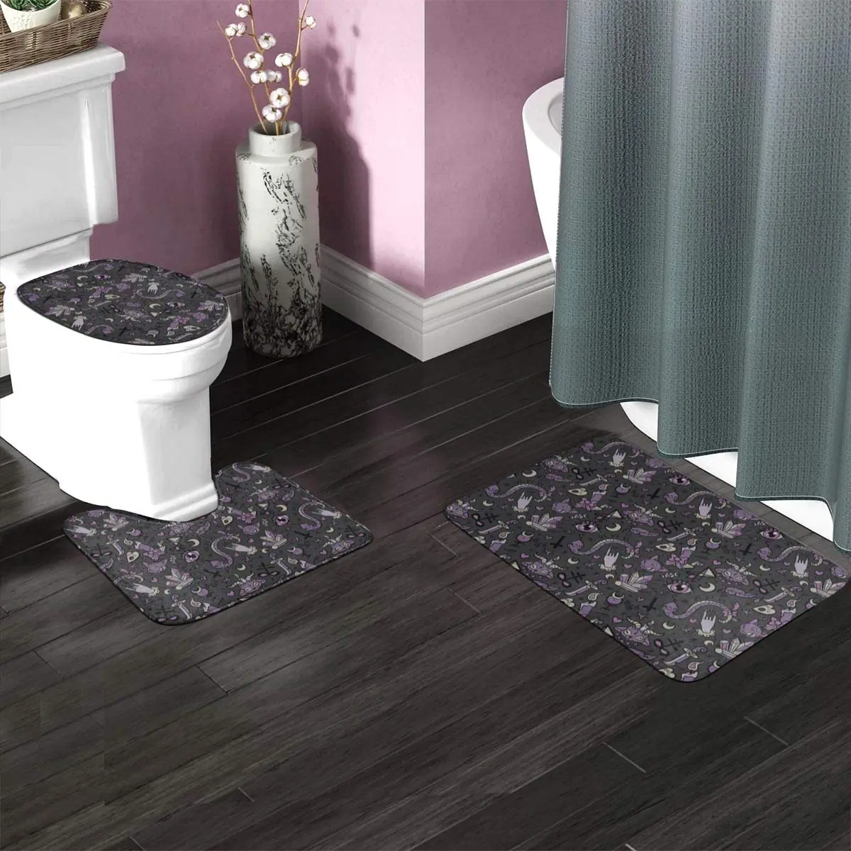 Purple Black Goth Spooky Soft Bathroom Rugs Set 3 Pcs Non Slip Absorbent Bath Mats U-Shaped Contour Rug Mat Toilet Lid Cover Set